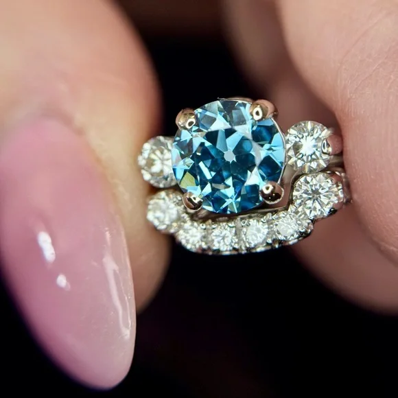 2.55 ctw Old European Cut Blue Lab and Natural Diamond Wedding Set - Picture 11 of 17